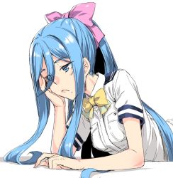 Rule 34 | 1girl, aoki hagane no arpeggio, blue eyes, blue hair, bow, h kasei, hair between eyes, hair bow, long hair, lying, military, military uniform, mole, mole under mouth, naval uniform, on stomach, pink bow, ponytail, simple background, solo, takao (aoki hagane no arpeggio), uniform, upper body, very long hair, white background, yellow neckwear