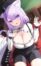 Rule 34 | 1girl, absurdres, ahoge, animal ear fluff, animal ears, bed, beret, black hat, black shorts, blush, breast tattoo, breasts, cat ears, cat girl, cat tail, chest tattoo, cleavage, cleavage cutout, clothing cutout, fang, hat, heart, heart on chest, heart tattoo, highres, hololive, iio shiozawa, large breasts, looking at viewer, medium hair, nekomata okayu, nekomata okayu (wonderland), on bed, open mouth, pointing, pointing at self, purple eyes, purple hair, shirt, shorts, smile, solo, suspender shorts, suspenders, tail, tattoo, virtual youtuber, white shirt