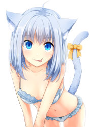 Rule 34 | 1girl, :q, absurdres, ahoge, animal ears, bare shoulders, bikini, blue bikini, bow, cat ears, cat tail, closed mouth, collarbone, fang, frilled bikini, frills, highres, leaning forward, lips, long hair, navel, orange bow, original, sanpaku, simple background, smile, solo, stomach, swimsuit, tail, tail bow, tail ornament, tareme, tongue, tongue out, tsunamayo (flying cat), white background