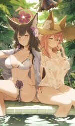 Rule 34 | 2girls, absurdres, animal ear fluff, animal ears, bikini, bikini under clothes, blue archive, breasts, brown eyes, brown hair, cleavage, closed mouth, crossed legs, crossover, day, ears through headwear, fate/grand order, fate (series), flower, fox ears, fox girl, fumato, hair between eyes, hair flower, hair ornament, halo, halterneck, hat, highres, holding, holding umbrella, large breasts, long hair, looking at viewer, multicolored hair, multiple girls, navel, official alternate costume, outdoors, parasol, pink hair, purple flower, red bikini, revision, see-through, shirt, side-by-side, side-tie bikini bottom, sidelocks, sitting, smile, soaking feet, stomach, straw hat, string bikini, swimsuit, t-shirt, tamamo (fate), tamamo no mae (fate/extra), tamamo no mae (swimsuit lancer) (fate), thigh strap, thighs, tree, umbrella, voice actor connection, wakamo (blue archive), wakamo (swimsuit) (blue archive), water, wet, wet clothes, wet shirt, white bikini, white flower, white shirt, yellow eyes