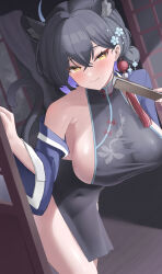 1girl absurdres animal_ear_fluff animal_ears black_dress black_hair blue_archive blue_hair blush breasts china_dress chinese_clothes closed_mouth colored_inner_hair commentary_request covered_navel crossed_bangs dress extra_ears flower hair_between_eyes hair_bun hair_flower hair_ornament hand_fan highres holding holding_fan jinmuxi_(user_pvha4443) kaguya_(blue_archive) large_breasts lion_ears lion_girl looking_at_viewer multicolored_hair no_halo pelvic_curtain purple_hair revision short_hair shouji sideboob single_bare_shoulder single_hair_bun single_off_shoulder sliding_doors smile solo tail thighs yellow_eyes