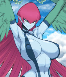 Rule 34 | 1girl, armpits, blue skin, breasts, chromatic aberration, colored skin, covered erect nipples, duel monster, gradient background, green eyes, halterneck, harpie lady, harpie lady (normal monster), harpie lady 1, harpy, highres, huge breasts, monster girl, narrow waist, navel, pointy ears, red hair, smile, solo, spacezin, winged arms, wings, yu-gi-oh!, yu-gi-oh! duel monsters