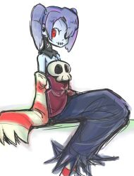 Rule 34 | 1girl, bad id, bad pixiv id, blue hair, blue skin, colored skin, corset, detached collar, detached sleeves, hair over one eye, long hair, long skirt, red eyes, simple background, skirt, skull, skullgirls, smile, socks, solo, squigly (skullgirls), stitched mouth, stitches, striped clothes, striped legwear, striped sleeves, striped socks, twintails, white background, wide sleeves, yuujin (eugene), zombie