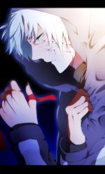 Rule 34 | 1boy, fate/zero, fate (series), glowing, hand on own chest, hood, hoodie, letterboxed, male focus, matou kariya, outline, profile, ribbon, solo, usagiumi, white hair