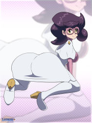 Rule 34 | 1girl, ass, big hair, boots, breasts, capelet, coat, creatures (company), game freak, glasses, green eyes, large breasts, layerth, nintendo, pink-framed eyewear, pink sweater, pokemon, pokemon sm, purple hair, ribbed sweater, seiza, sideboob, sitting, skirt, solo, sweater, thigh boots, turtleneck, turtleneck sweater, white capelet, white coat, white skirt, wicke (pokemon)