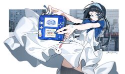 Rule 34 | 1girl, ahoge, bandaid, black hair, black thighhighs, blue eyes, blue nails, blue shirt, blunt bangs, building, charm (object), city, cityscape, cowboy shot, creatures (company), dated, dress, fingernails, game console, game freak, hairband, handheld game console, highres, holding, holding handheld game console, long hair, looking at viewer, nail polish, nintendo, nintendo 2ds, original, outstretched arms, photo background, pokemon, pokemon sm, presenting, shirt, short sleeves, signature, skirt, solo, sticker, thighhighs, tizibade, white dress