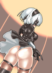 Rule 34 | 1girl, android, ass, black dress, black gloves, black thighhighs, blindfold, breasts, cowboy shot, dress, from behind, gloves, hairband, leotard, medium breasts, mersoleil03, nier (series), nier:automata, panties, shiny clothes, shiny skin, short hair, sideboob, solo, thighhighs, thighs, thong, two-sided fabric, two-sided skirt, underwear, wedgie, white hair, white leotard, 2b (nier:automata)