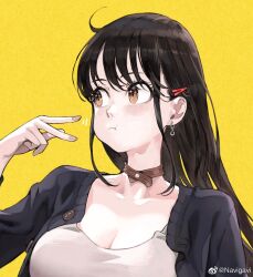 Rule 34 | 1girl, :t, big sister (navigavi), black hair, black jacket, breasts, brown choker, brown eyes, choker, cleavage, collarbone, earrings, hair ornament, hairclip, hand to own mouth, highres, jacket, jewelry, jun (navigavi), large breasts, long hair, looking to the side, open clothes, open jacket, original, shirt, solo, sparkling eyes, upper body, weibo logo, weibo watermark, white shirt, yellow background