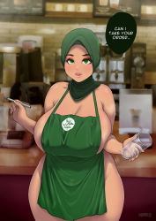Rule 34 | 1girl, apron, barista, blush, breasts, cafe, covered erect nipples, cowboy shot, cup, dark-skinned female, dark skin, english text, green eyes, highres, hijab, holding, holding cup, huge breasts, iced latte with breast milk (meme), indoors, islam, looking at viewer, meme, mole, mole on breast, naked apron, nigaw, original, parted lips, shadow, solo, speech bubble