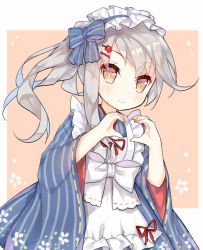 Rule 34 | 1girl, apron, blue bow, blue kimono, blush, bow, brown eyes, commentary request, fingernails, floral print, flower, frilled apron, frills, grey hair, hair flower, hair ornament, hairclip, heart, heart hands, japanese clothes, kimono, long hair, long sleeves, looking at viewer, maid, maid headdress, ning hai (warship girls r), print kimono, red ribbon, ribbon, side ponytail, smile, solo, striped clothes, striped kimono, tareme, tengxiang lingnai, vertical-striped clothes, vertical-striped kimono, wa maid, warship girls r, white apron, white bow, wide sleeves