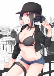 Rule 34 | 1girl, arm support, baseball cap, bikini, bikini top only, black bikini, black hair, black hat, black jacket, blowing bubbles, blue shorts, breasts, choker, cleavage, cowboy shot, cup, groin, hand up, hat, highres, jacket, kuroi (liar-player), large breasts, leg belt, long hair, long sleeves, looking at viewer, micro shorts, navel, open clothes, open jacket, original, ponytail, profile, red eyes, shorts, sidelocks, solo, stomach, strap gap, swimsuit, thighs