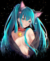 Rule 34 | 1girl, animal ears, bell, breasts, cat ears, choker, convenient censoring, ear piercing, hatsune miku, highres, jacket, jingle bell, kemonomimi mode, long hair, looking at viewer, medium breasts, nozomiyuyu, open clothes, open jacket, piercing, tattoo, tongue, tongue out, topless, twintails, vocaloid
