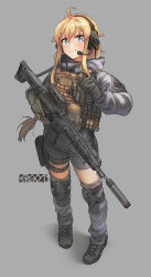 Rule 34 | 1girl, ammunition pouch, assault rifle, blonde hair, blue eyes, bulletproof vest, cz 805 bren, ear protection, ergot, flashlight, gun, headset, highres, jacket, knee pads, leggings, long bangs, looking at viewer, over-kneehighs, pouch, rifle, shorts, solo, suppressor, thighhighs, trigger discipline, virtual youtuber, weapon, whiskey project