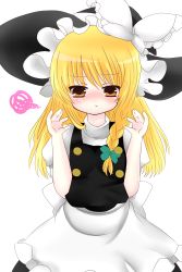Rule 34 | 1girl, bad id, bad pixiv id, blonde hair, blush, braid, fang, female focus, haruta (806060), hat, highres, kirisame marisa, side braid, simple background, solo, touhou, white background, witch, witch hat, yellow eyes