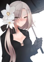 Rule 34 | 1girl, aug (girls&#039; frontline), black dress, blush, breasts, brown eyes, closed mouth, dress, eyes visible through hair, flower, girls&#039; frontline, gloves, grey hair, hair between eyes, hair flower, hair ornament, hair ribbon, holding, holding umbrella, long hair, looking at viewer, low ponytail, mappaninatta, medium breasts, mole, mole under eye, parted bangs, ribbon, sidelocks, simple background, solo, umbrella, upper body, white background