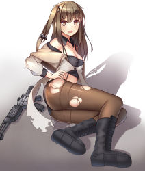 Rule 34 | 1girl, assault rifle, black footwear, black shorts, boots, breasts, brown eyes, brown hair, brown pantyhose, cleavage, collarbone, daewoo k2, detached collar, frontera, girls&#039; frontline, hair ornament, hand on own hip, highres, k2 (girls&#039; frontline), long hair, looking at viewer, lying, medium breasts, midriff, navel, on side, open mouth, pantyhose, short shorts, shorts, side ponytail, simple background, solo, stomach, sweatdrop, torn clothes, torn pantyhose, white background, wing collar