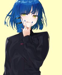 Rule 34 | 1girl, :q, absurdres, black shirt, blue hair, blue nails, bocchi the rock!, collared shirt, commentary, highres, long sleeves, looking at viewer, mole, mole under eye, nail polish, nigori (keydoor), shirt, short hair, simple background, solo, tongue, tongue out, upper body, v, v over mouth, yamada ryo, yellow background, yellow eyes