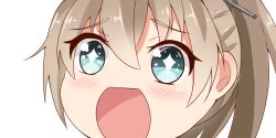 Rule 34 | + +, 10s, 1girl, blue eyes, brown hair, close-up, headgear, kantai collection, kumano (kancolle), long hair, looking at viewer, nahaki, no nose, open mouth, ponytail, portrait, simple background, sin-poi, solo, sparkling eyes, symbol-shaped pupils, white background