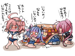 Rule 34 | 10s, 4girls, aoki hagane no arpeggio, backpack, bag, barefoot, blue hair, blush, bow, chibi, crossover, flower, hair bow, hair flower, hair ornament, hiding, i-168 (kancolle), i-19 (kancolle), i-58 (kancolle), iona (aoki hagane no arpeggio), kantai collection, kotatsu, long hair, mochizuki kazuomi, multiple girls, o o, outstretched arms, pink hair, ponytail, red eyes, school swimsuit, school uniform, serafuku, skirt, swimsuit, swimsuit under clothes, table, tearing up, translation request, twintails