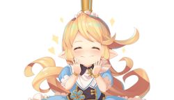 Rule 34 | 1girl, ^ ^, bad id, bad pixiv id, blonde hair, blue dress, blush, charlotta (granblue fantasy), closed eyes, closed mouth, commentary, crown, dress, english commentary, closed eyes, facing viewer, granblue fantasy, hands up, harvin, long hair, mini crown, o (rakkasei), pointy ears, puffy short sleeves, puffy sleeves, short sleeves, sidelocks, simple background, solo, sparkle, upper body, very long hair, wavy mouth, white background