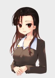 Rule 34 | 1girl, asymmetrical bangs, brown eyes, brown hair, brown jacket, chi-hatan military uniform, closed mouth, commentary, cropped torso, girls und panzer, grey background, highres, jacket, long hair, long sleeves, looking at viewer, military, military uniform, nishi kinuyo, own hands together, shirt, simple background, smile, solo, twitter username, umxzo, uniform, upper body, white shirt