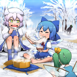Rule 34 | 3girls, barefoot, blue hair, bow, cat, chen, chen (cat), cirno, daiyousei, drooling, eating, food, green hair, hair bow, indian style, letty whiterock, matsumoto tomoyohi, melting, mochi, multiple girls, multiple tails, saliva, short hair, side ponytail, sitting, stew, sweatdrop, tail, touhou, wagashi, wings