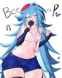 Rule 34 | 1girl, blue hair, blue shorts, blue thighhighs, blush, boyfriend (friday night funkin&#039;), closed eyes, crop top, cropped shirt, elbow gloves, fingerless gloves, friday night funkin&#039;, genderswap, genderswap (mtf), gloves, heart, highres, holding, holding microphone, long hair, microphone, music, musical note, navel, open mouth, shirt, short shorts, shorts, simple background, singing, sketch, smile, solo, standing, thighhighs, usa37107692, white background, white shirt