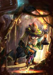 Rule 34 | 1boy, barrel, beard, blue eyes, blue pants, boots, brown footwear, cap&#039;n cuttlefish, cave, english text, facial hair, fire, full body, green shirt, hat, highres, holding, holding weapon, inkling, kashu (hizake), long sleeves, looking to the side, looking up, male focus, nintendo, old, old man, pants, pointy ears, red hair, shirt, short hair, solo, splash-o-matic (splatoon), splat bomb (splatoon), splatoon (series), standing, suction bomb (splatoon), tarot, tarot (medium), tentacle hair, tentacles, the hermit (tarot), torch, weapon, wide sleeves