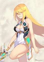 Rule 34 | 1girl, bare shoulders, blonde hair, breasts, chest jewel, cleavage, dress, earrings, gem, headpiece, holding, holding sword, holding weapon, jewelry, knee up, long hair, looking at viewer, medium breasts, mythra (xenoblade), phrecklesart, smile, solo, swept bangs, sword, tiara, very long hair, weapon, xenoblade chronicles (series), xenoblade chronicles 2, yellow eyes