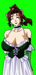 Rule 34 | 1girl, angel blade, breasts, brown hair, cleavage, dress, game cg, green background, green dress, high ponytail, huge breasts, kyoka (angel blade), lips, lipstick, long hair, looking at viewer, lowres, makeup, no bra, oobari masami, ponytail, shiny skin, simple background, smile, solo, upper body
