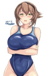 Rule 34 | 1girl, blue one-piece swimsuit, breast press, breasts, brown hair, collarbone, competition swimsuit, covered navel, cowboy shot, crossed arms, dated, flipped hair, green eyes, hair between eyes, hairband, highleg, highleg swimsuit, highres, kantai collection, large breasts, looking at viewer, montemasa, mutsu (kancolle), one-piece swimsuit, short hair, simple background, sweatdrop, swimsuit, twitter username, two-tone swimsuit, wet, wet clothes, wet swimsuit, white background