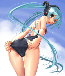 Rule 34 | 1girl, :o, adjusting clothes, adjusting swimsuit, aqua eyes, aqua hair, ass, backless swimsuit, blush, from behind, hatsune miku, headphones, katahira masashi, long hair, looking at viewer, looking back, nail polish, one-piece swimsuit, solo, swimsuit, thigh gap, thighs, twintails, very long hair, vocaloid