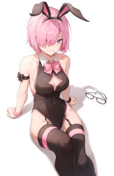 Rule 34 | 1girl, absurdres, alternate costume, animal ears, arm ribbon, arm support, bare shoulders, bob cut, bodysuit, bow, bowtie, breasts, cleavage, cleavage cutout, closed mouth, clothing cutout, collarbone, commission, covered navel, eyes visible through hair, unworn eyewear, fake animal ears, fate/grand order, fate (series), female focus, from above, garter straps, groin, hair over one eye, hairband, highleg, highleg leotard, highres, leotard, looking at viewer, mash kyrielight, medium breasts, pink bow, pink bowtie, pink hair, pixiv commission, playboy bunny, purple eyes, rabbit ears, ribbon, shadow, short hair, simple background, sitting, solo, thighhighs, white background, wing collar, wrist cuffs, yujongzzang