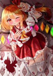 Rule 34 | 1girl, absurdres, adapted costume, ascot, blonde hair, blood, blood in hair, blood on arm, blood on clothes, blood on face, blood on hands, blood on leg, blush, flandre scarlet, frilled ascot, frilled skirt, frilled thighhighs, frills, glowing, glowing wings, hair between eyes, highres, huako31, long hair, looking at viewer, multicolored wings, nail polish, no headwear, no shoes, one eye closed, orange eyes, puffy short sleeves, puffy sleeves, red nails, red skirt, red vest, shirt, short sleeves, side ponytail, skirt, solo, thighhighs, touhou, vest, white shirt, white thighhighs, wings, wrist cuffs, yellow ascot