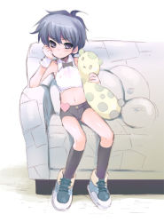 Rule 34 | aged down, black hair, bow, bowtie, child, couch, cuffs, heart, nemunemu (candy paddle), pillow, shoes, shorts, sneakers, socks, stuffed animal, stuffed toy