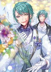 Rule 34 | 2boys, blue hair, bouquet, brothers, flower, floyd leech, formal, gloves, grey eyes, hand on own chest, heterochromia, highres, holding, holding bouquet, incoming gift, jade leech, male focus, mitsunari miyako, multiple boys, night raven college uniform, pov, school uniform, sharp teeth, short hair, siblings, slap mark, slap mark on face, slapping, smile, speech bubble, suit, teeth, translation request, twins, twisted wonderland, upper body, white gloves, white suit, yellow eyes