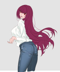 Rule 34 | 1girl, alternate costume, blouse, blush, breasts, collared shirt, fate/grand order, fate (series), grey background, hair between eyes, hair intakes, highres, large breasts, long hair, looking at viewer, purple hair, red eyes, scathach (fate), shijie jianfa, shirt, solo, white shirt
