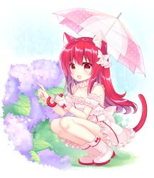 Rule 34 | 1girl, :d, animal ear fluff, animal ears, bare shoulders, blush, boots, bow, cat ears, cat girl, cat tail, commentary request, detached sleeves, dress, flower, full body, hair between eyes, hair bow, highres, holding, holding umbrella, hydrangea, long hair, open mouth, original, polka dot, polka dot umbrella, puffy short sleeves, puffy sleeves, purple flower, red bow, red eyes, red hair, shikito (yawa0w0), short sleeves, sleeveless, sleeveless dress, smile, solo, squatting, tail, umbrella, very long hair, white background, white bow, white dress, white footwear, white sleeves, wrist cuffs