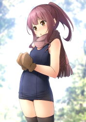 Rule 34 | 1girl, :o, bare shoulders, black one-piece swimsuit, black thighhighs, blurry, blurry background, blush, brown eyes, brown hair, brown mittens, brown scarf, commentary request, day, depth of field, fringe trim, highres, mittens, old school swimsuit, one-piece swimsuit, original, outdoors, parted lips, plaid, plaid scarf, ponytail, scarf, school swimsuit, shibacha, sidelocks, solo, standing, swimsuit, thighhighs