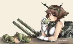 Rule 34 | 10s, 1girl, apple, brown hair, commentary, food, fruit, gloves, green eyes, hairband, highres, holding, holding food, holding fruit, kantai collection, mutsu (kancolle), mutsu (kantai collection), mutsu (snail), open mouth, rigging, short hair, signature, simple background, table, tealguardianart, tongue, tongue out, turret, white gloves