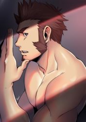 Rule 34 | 1boy, bara, blue eyes, brown hair, crack of light, facial hair, fate/grand order, fate (series), from side, goatee, hand up, highres, kashi kosugi, large pectorals, light, long sideburns, male focus, muscular, napoleon bonaparte (fate), pectorals, short hair, sideburns, solo, spiked hair, topless male, whispering