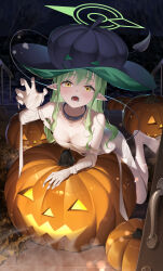 1girl absurdres alternate_costume arm_support autumn_leaves bare_tree barefoot black_collar blue_archive blush breasts claw_pose cleavage collar collarbone commentary_request demon_tail ekidona green_hair halloween halloween_costume halo hat highres hikari_(blue_archive) jack-o&#039;-lantern kneeling leaf long_hair lying mummy_costume night on_stomach open_door open_mouth outstretched_arms pointy_ears small_breasts solo tail teeth tile_floor tiles toes tongue tree witch_hat yellow_eyes