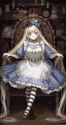 Rule 34 | &lt;o&gt; &lt;o&gt;, 1girl, absurdly long hair, absurdres, alice (alice in wonderland), alice in wonderland, animal, apron, armchair, black cat, black choker, black footwear, blonde hair, blue dress, blue eyes, blush, bookshelf, card, cat, chair, choker, clock, crossed ankles, cup, dark, dress, earrings, flower, full body, highres, indoors, jewelry, key, long hair, looking at viewer, mary janes, pantyhose, parted lips, plant, playing card, puffy short sleeves, puffy sleeves, rose, sayoko (sayosny2), shoes, short sleeves, sitting, slit pupils, solo, straight-on, striped clothes, striped legwear, striped pantyhose, stuffed animal, stuffed rabbit, stuffed toy, swept bangs, teacup, teapot, very long hair, white apron, wooden floor