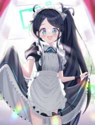 Rule 34 | 1girl, absurdres, alternate costume, alternate hairstyle, apron, aris (blue archive), aris (maid) (blue archive), blue archive, blue eyes, blue hair, clothes lift, commentary request, dark blue hair, halo, highres, lens flare, long hair, looking at viewer, maid, maid headdress, open mouth, side ponytail, skirt, skirt lift, solo, very long hair, window, yoshino sakura (0db5t510388113n)