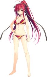 Rule 34 | 1girl, absurdres, bare shoulders, bikini, breasts, cleavage, front-tie top, hand on own hip, highres, juukishi cutie bullet, long hair, looking at viewer, minami mayu, non-web source, ponytail, red eyes, red hair, side-tie bikini bottom, simple background, smile, solo, standing, strap gap, swimsuit, very long hair, white background, yuuki hagure