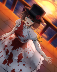 Rule 34 | 1girl, absurdres, backlighting, bao (s 888), black hat, blood, blood on clothes, blood on face, blood on hands, braid, breasts, brown hair, charlotte corday (fate), charlotte corday (third ascension) (fate), collared dress, crying, dress, fate/grand order, fate (series), flower, from above, hat, hat flower, highres, juliet sleeves, large breasts, long dress, long sleeves, ocean, puffy sleeves, solo, sunset, top hat