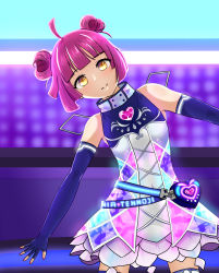 Rule 34 | 1girl, absurdres, alternate hairstyle, analog heart (love live!), artist name, artist request, bag, bare shoulders, belt, belt pouch, black gloves, blush, breasts, brown eyes, closed mouth, clothes writing, cross-laced clothes, cross-laced dress, double bun, double horizontal stripe, dress, dress shirt, elbow gloves, fake wings, female focus, fingerless gloves, flat chest, floral print, gloves, hair bun, handbag, high collar, highres, looking at viewer, love live!, love live! nijigasaki high school idol club, love live! school idol festival, love live! school idol festival all stars, miniskirt, multicolored clothes, multicolored dress, nail, nail polish, on stage, outstretched arms, parted lips, pink hair, pink nails, pink nails, plaid, plaid skirt, pleated, pleated skirt, pouch, shirt, short hair, skirt, sleeveless, sleeveless dress, small breasts, smile, solo, spread arms, stage, stage lights, tennoji rina, white skirt, wings, yellow eyes
