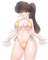 Rule 34 | 1girl, absurdres, bikini, black hair, breasts, geraldjess1, highres, kunou kodachi, large breasts, long hair, looking at viewer, open mouth, ponytail, purple eyes, ranma 1/2, simple background, smile, solo, swimsuit, white background, yellow bikini