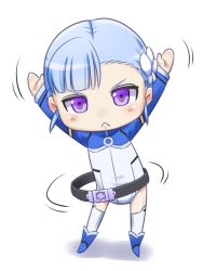 Rule 34 | &gt;:&lt;, 10s, 1girl, :&lt;, arms up, belt, belt skirt, blue footwear, blue hair, blunt bangs, blush, bodysuit, boots, chibi, closed mouth, fin e ld si laffinty, flat chest, flower, frown, full body, hair flower, hair ornament, hoop, hula hoop, knee boots, leotard, long sleeves, looking at viewer, motion lines, purple eyes, rinne no lagrange, shadow, shikuta maru, short hair, sidelocks, simple background, solo, standing, thighhighs, turtleneck, v-shaped eyebrows, white background, white thighhighs
