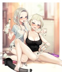 Rule 34 | 10s, 2girls, :d, absurdres, alcohol, bad id, bad pixiv id, bar censor, bare shoulders, barefoot, black panties, blonde hair, blue eyes, blush, braid, breasts, censored, cleavage, covered erect nipples, cup, dildo, drinking glass, drunk, highres, kneeling, large breasts, long hair, looking at viewer, maerchen maedchen, maria rasputin, medium breasts, multiple girls, ohisashiburi, open mouth, panties, purple eyes, rabbit vibrator, rectified spirit, sex toy, short hair, silver hair, sitting, smile, socks, spread legs, tatiana (marchen madchen), teeth, tongue, twin braids, underwear, vibrator, vodka, wet, wet clothes, white panties